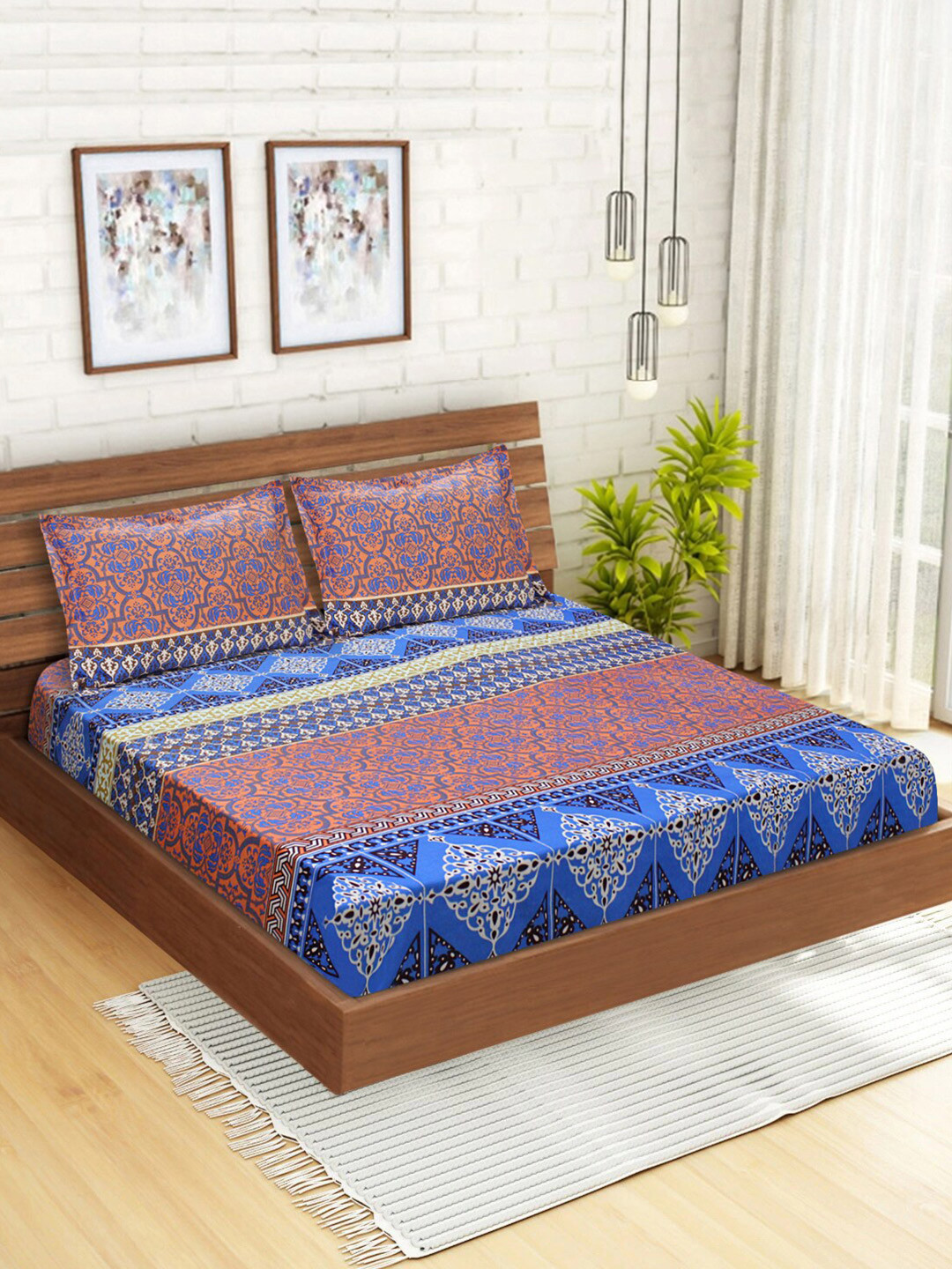 Aura Book Fold Blue Ethnic Motifs Microfiber 152 TC Queen Bedsheet with 2 Pillow Covers-100 x 87 inches