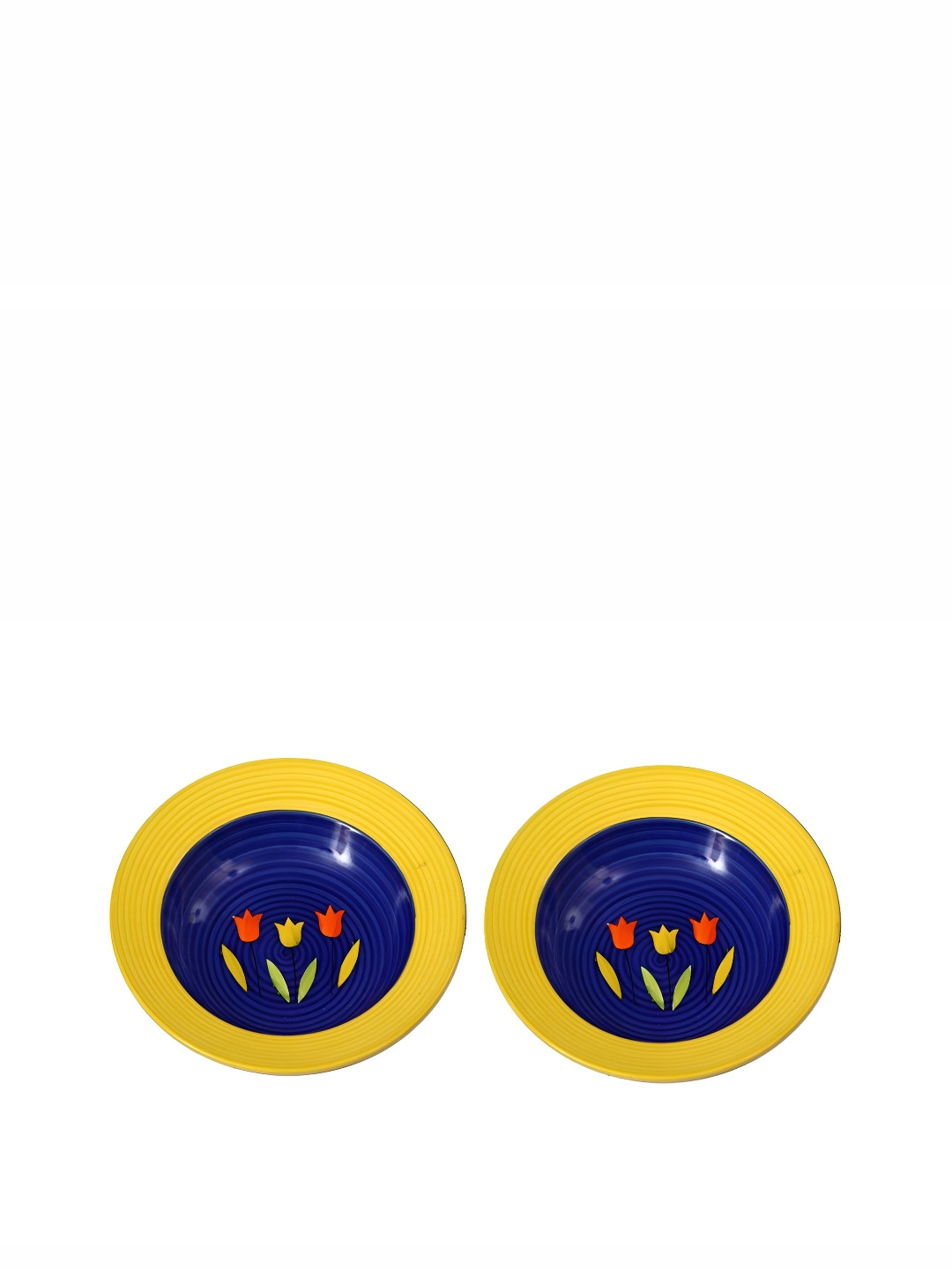 caffeine Blue & Yellow 2 Plates Ceramic Microwave Safe Soup Plates