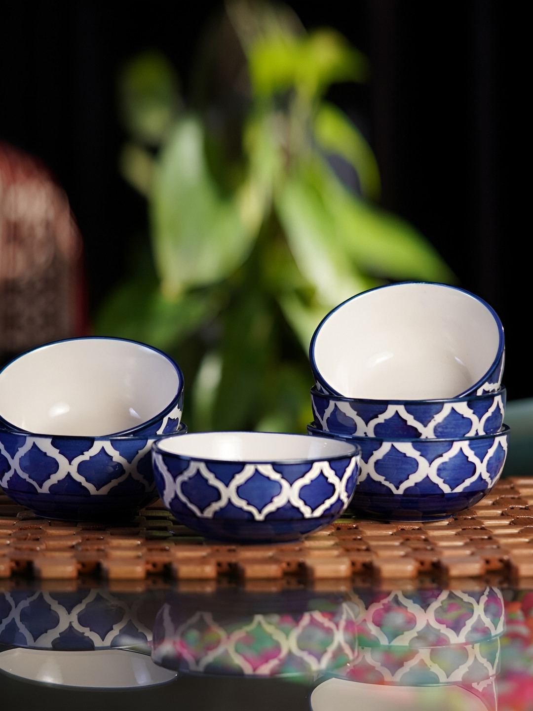 Freakway White & Blue 6 Pieces Ethnic Printed Ceramic Glossy Bowls