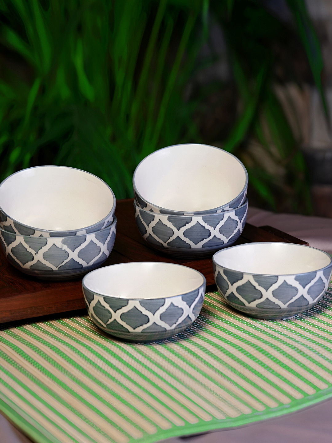 Freakway White & 6 Pieces Ethnic Printed Ceramic Glossy Bowls