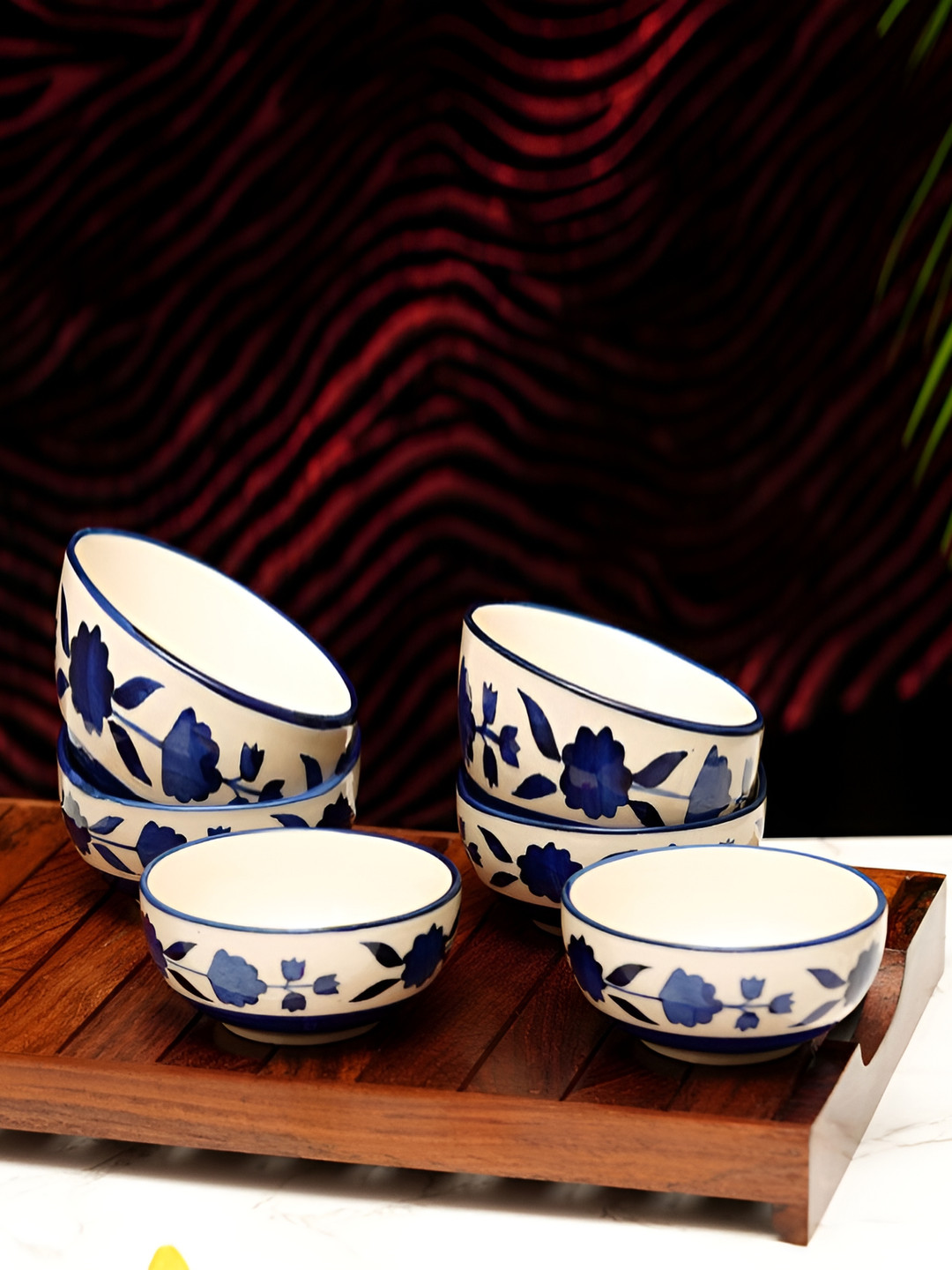 Freakway White & 6 Pieces Floral Printed Ceramic Glossy Bowls