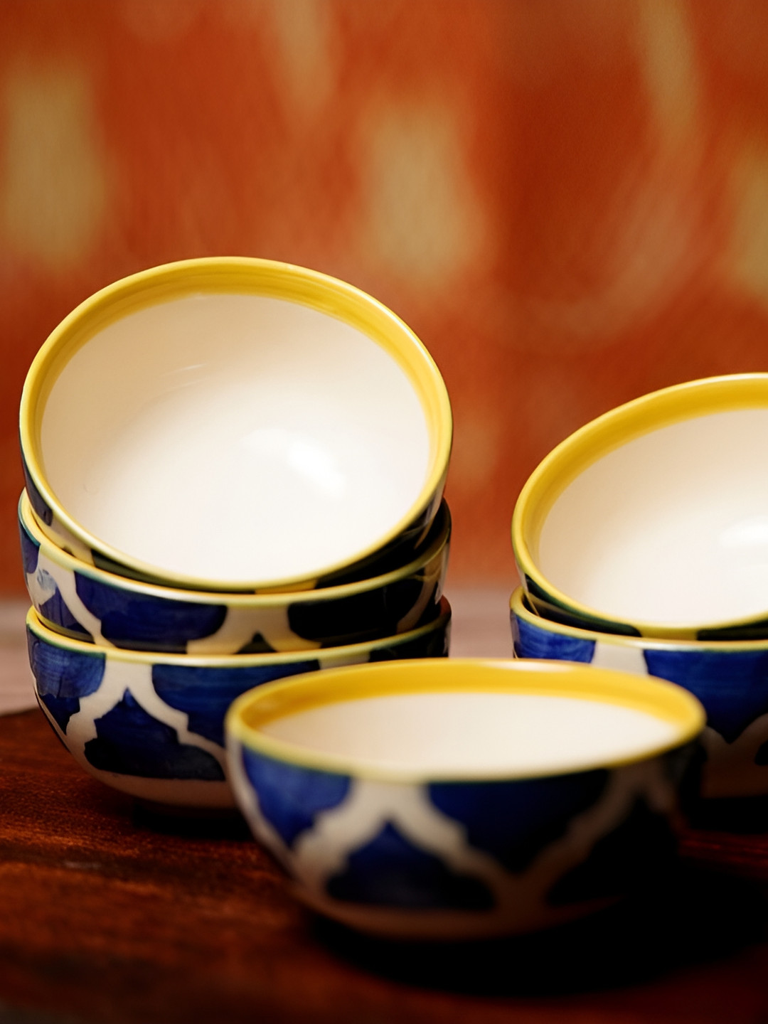 Freakway White & Blue 6 Pieces Ethnic Printed Ceramic Glossy Bowls