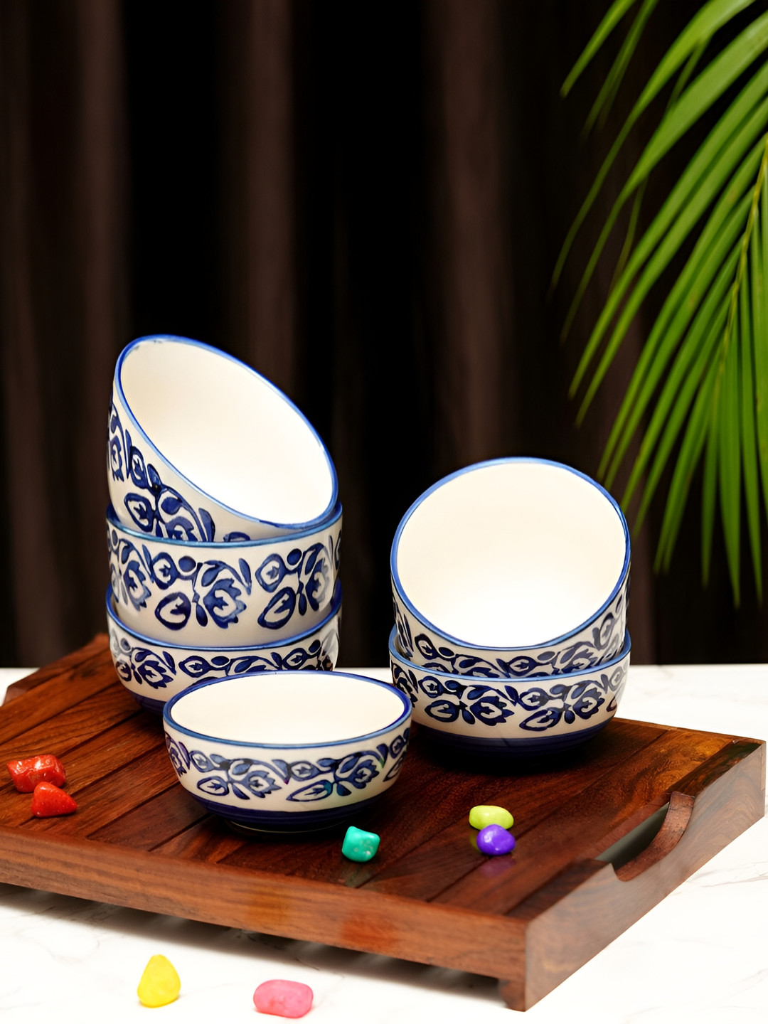 Freakway White & 6 Pieces Ethnic Printed Ceramic Glossy Bowls