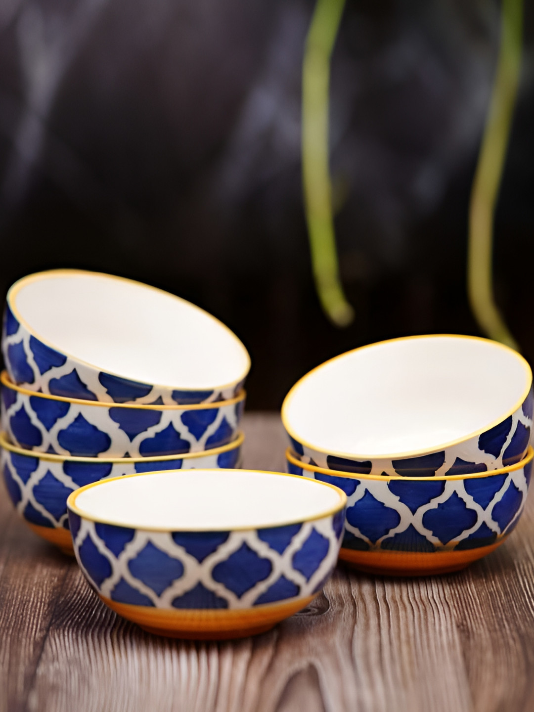 Freakway White & 6 Pieces Ethnic Printed Ceramic Glossy Bowls