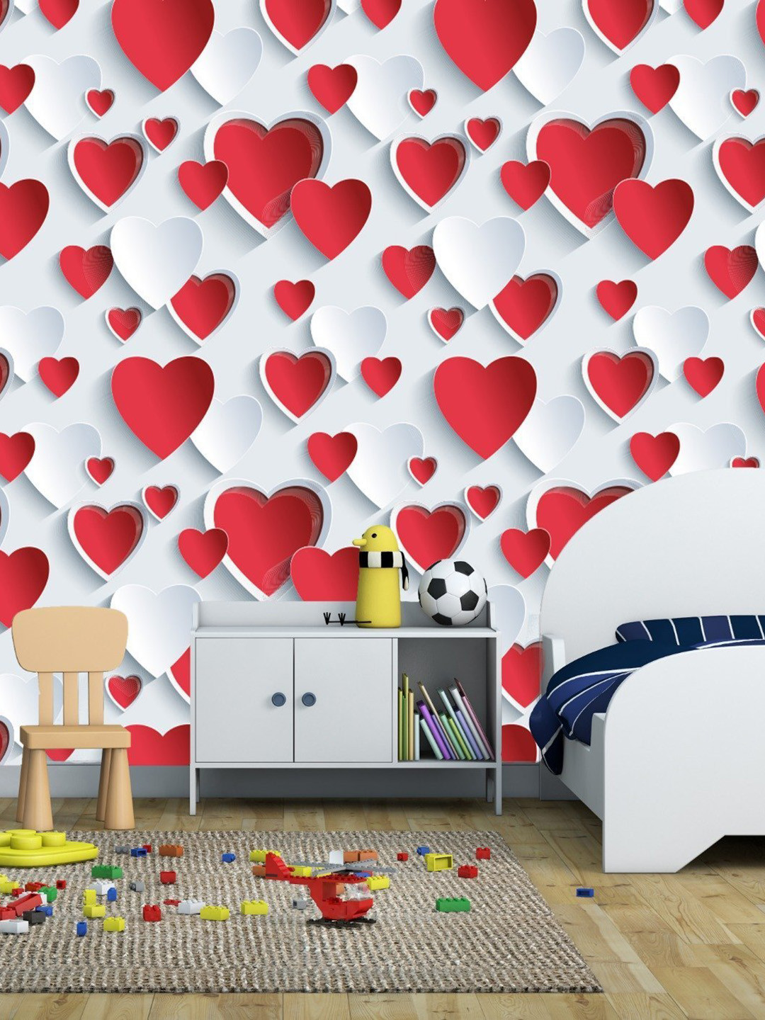 KAAF White & Red Hearts Printed Self-Adhesive Wallpaper