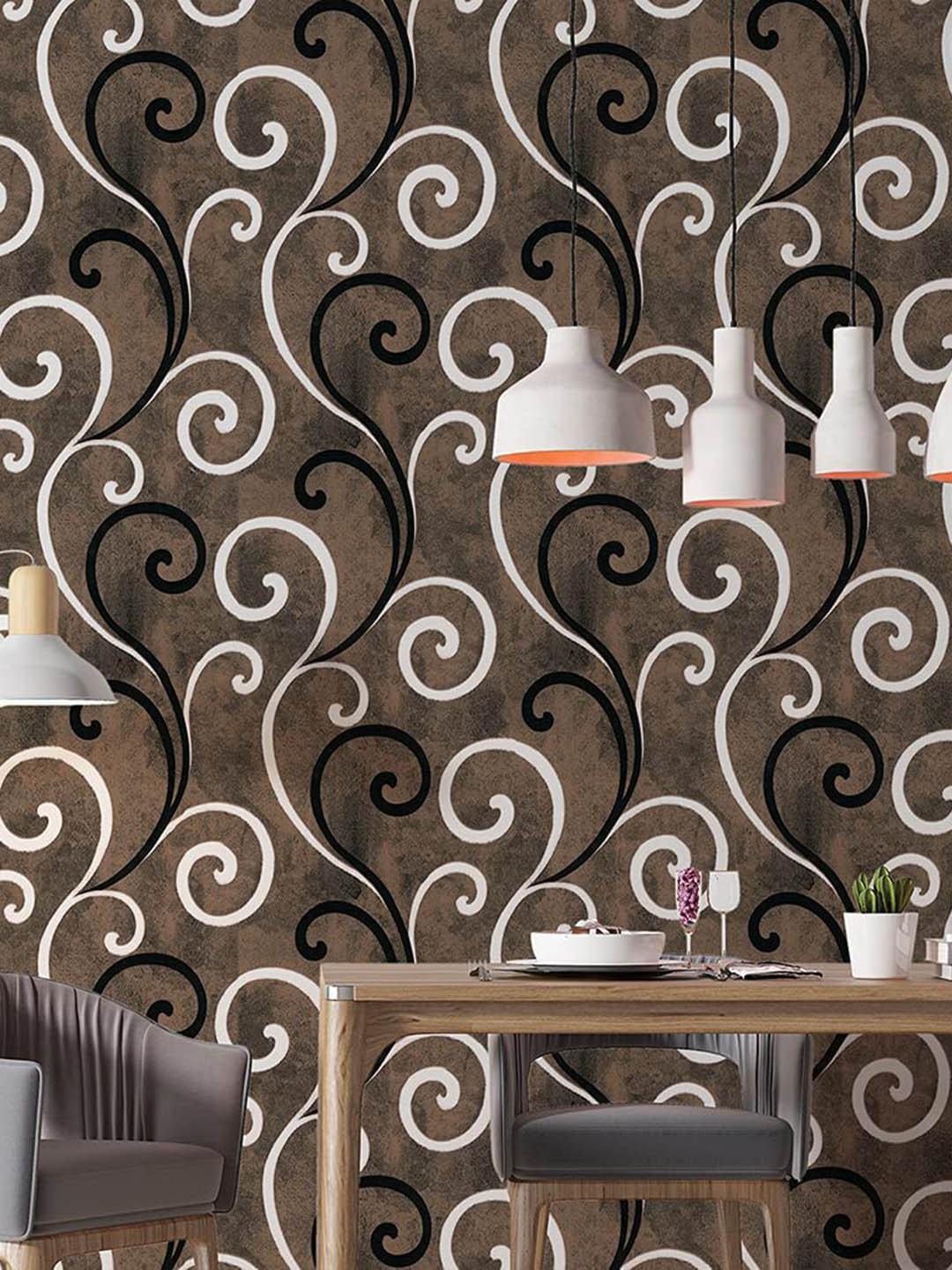 KAAF Brown & White Damask Design Self Adhesive Water Proof Wallpaper