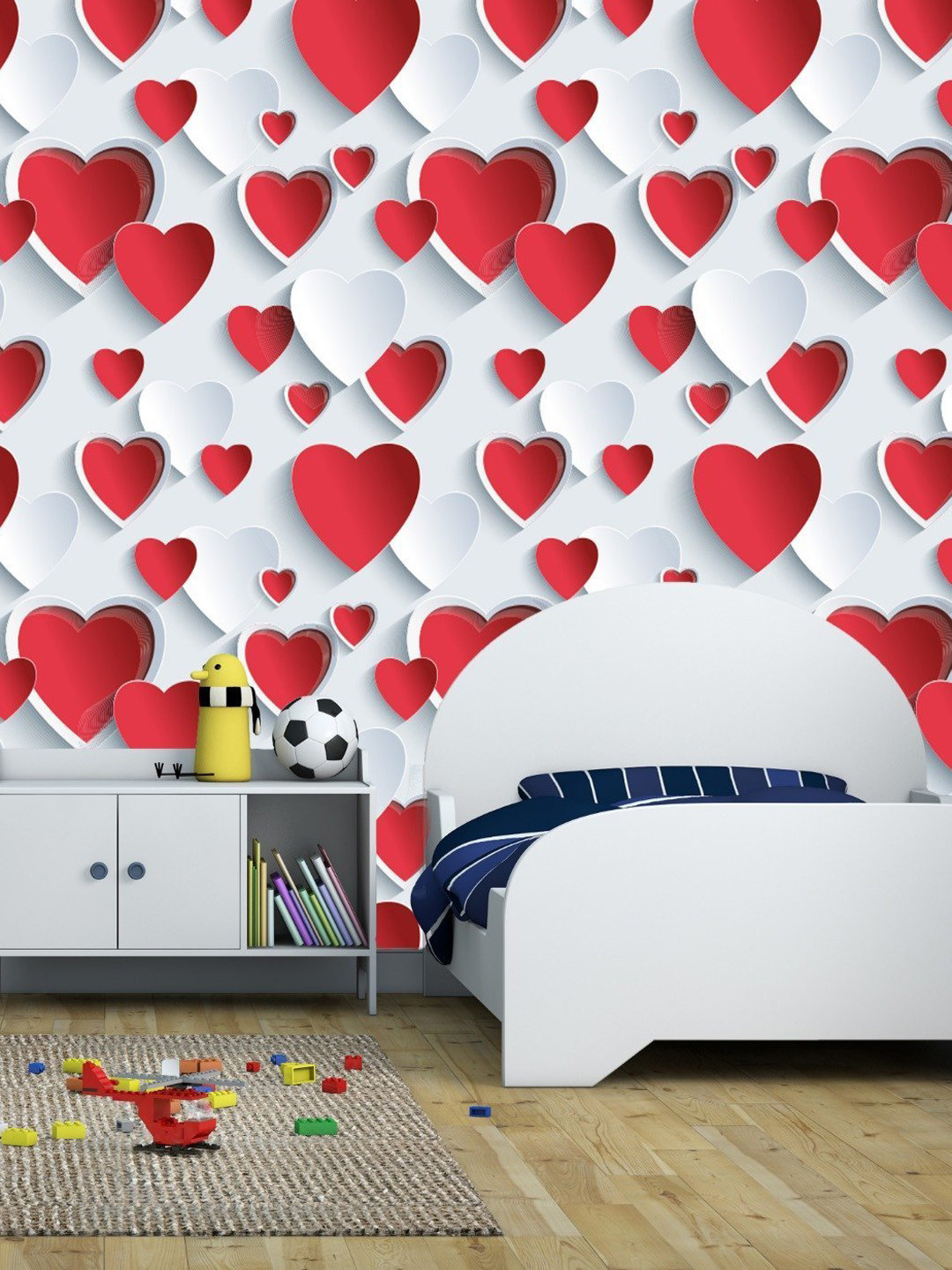 KAAF Red & White Heart Printed Self Adhesive Water Proof Wallpaper
