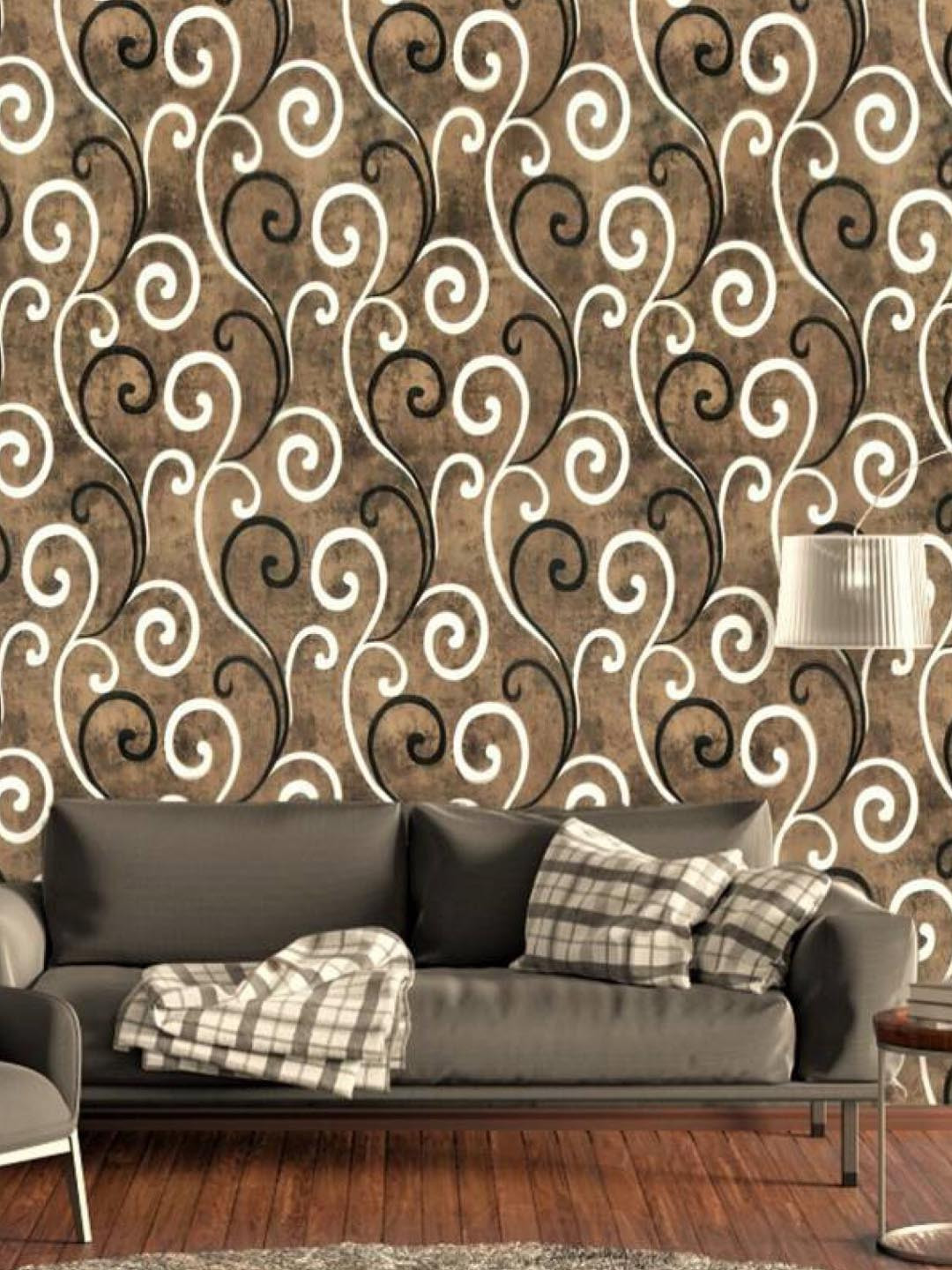 KAAF Brown & White Damask Self-Adhesive Wallpaper
