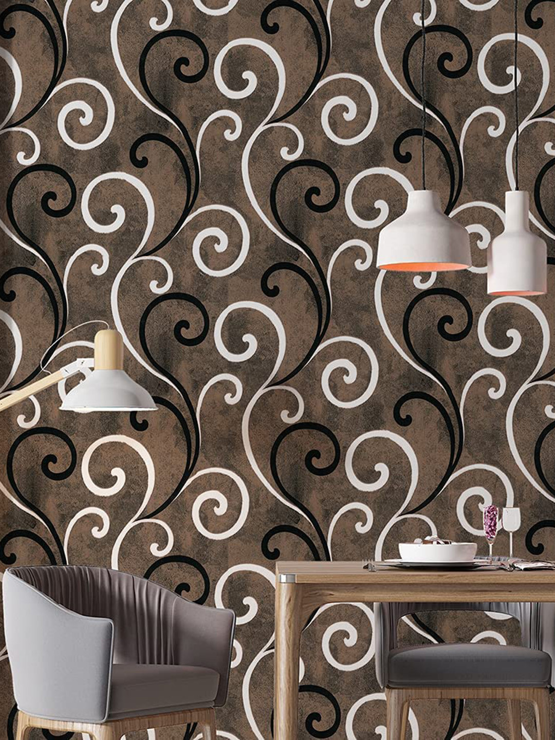 KAAF Brown & White Damask Printed Wallpaper