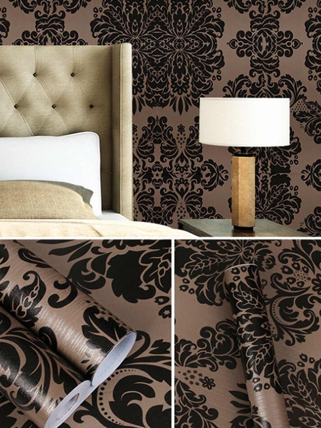 KAAF Brown & Black Damask pPrinted Adhesive Wall Sticker
