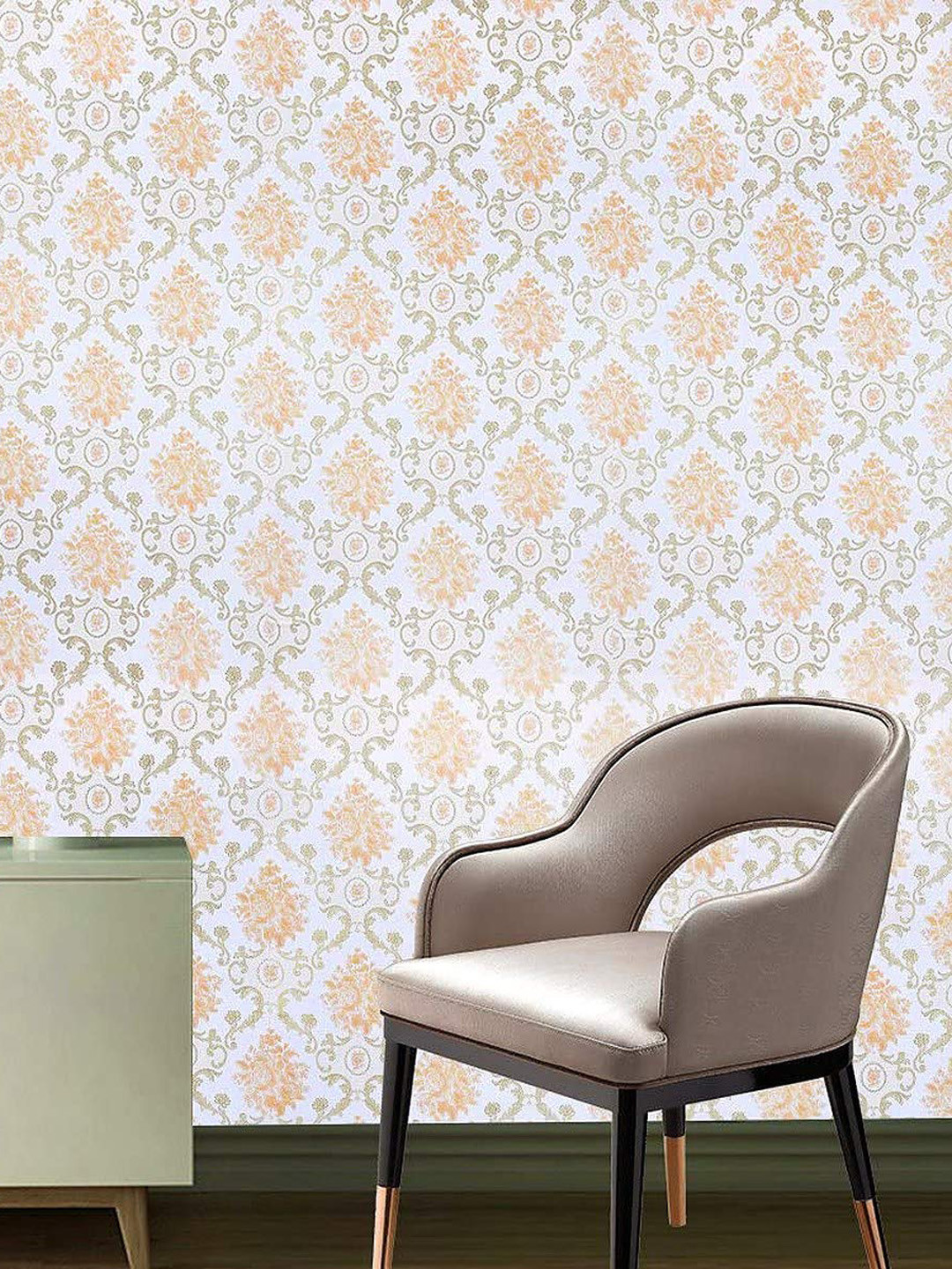 KAAF White & Peach-Coloured Damask Waterproof Self Adhesive Wallpaper