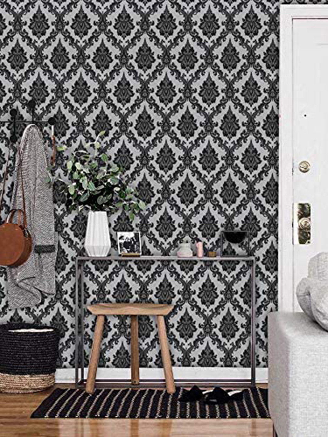 KAAF White & Black Damask Printed Adhesive Wall Sticker