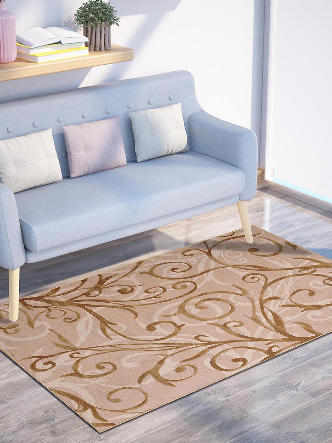 PRESTO Beige Floral Design Anti-Skid Carpet