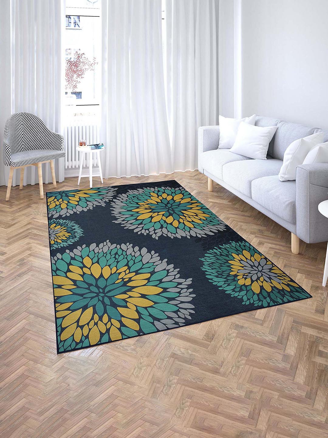 PRESTO Blue Floral Print Anti Skid Carpet