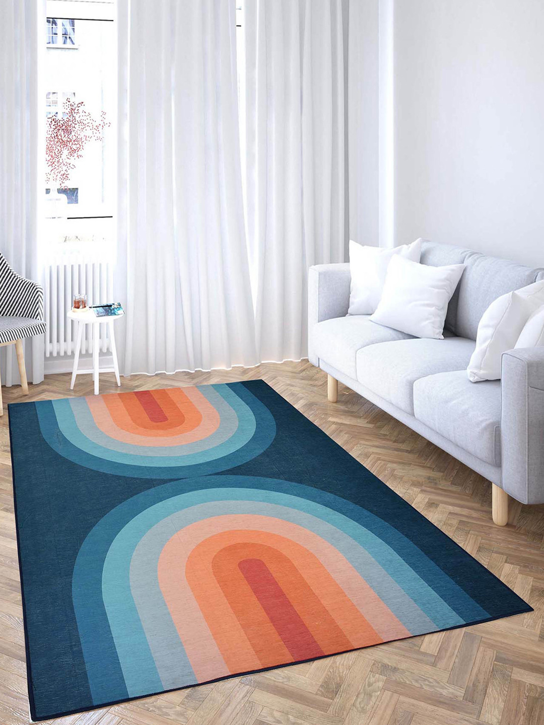PRESTO Blue & Orange Abstract Print Anti Skid Carpet
