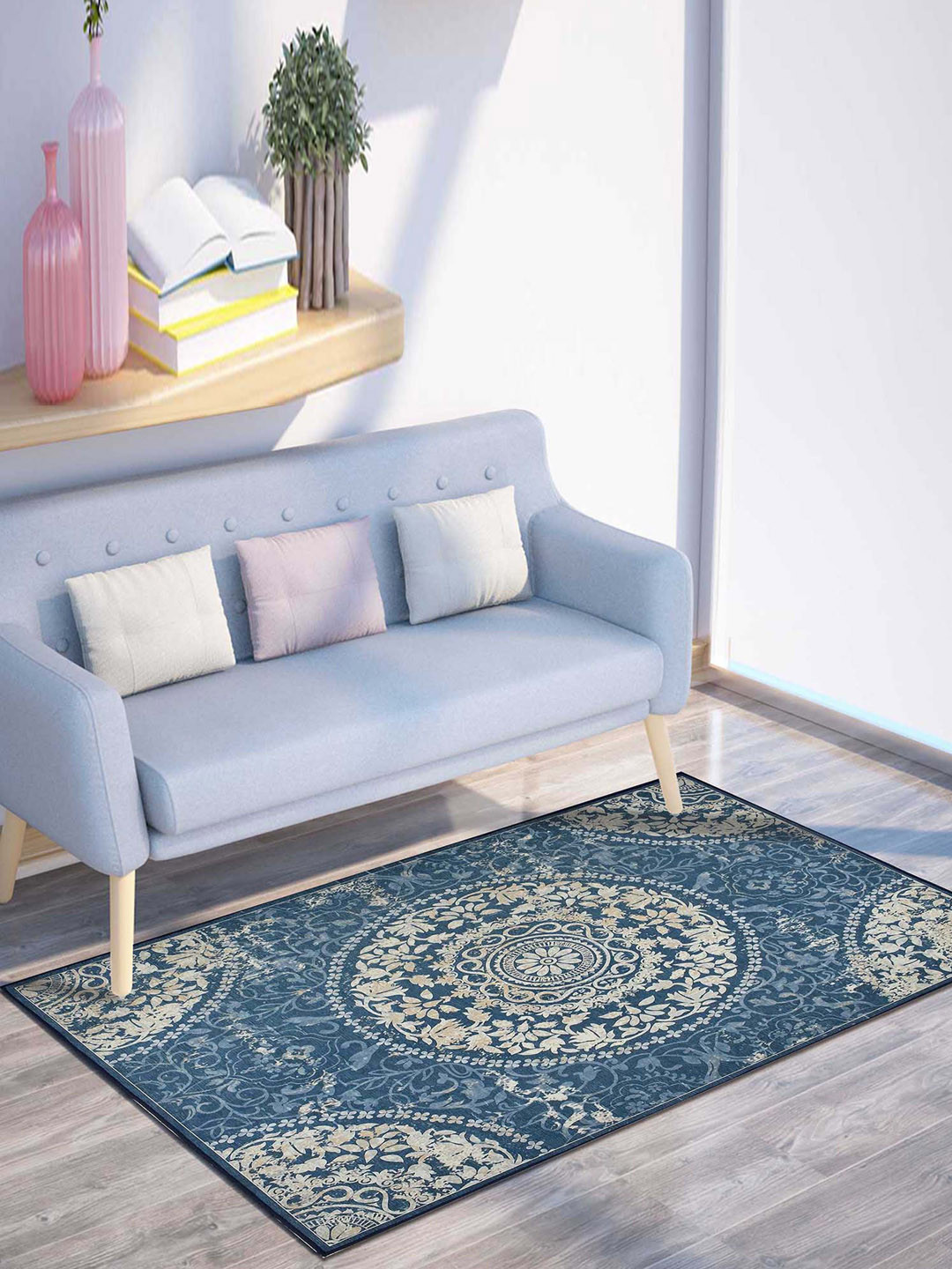 PRESTO Blue & Beige Traditional Printed Anti Skid Carpet