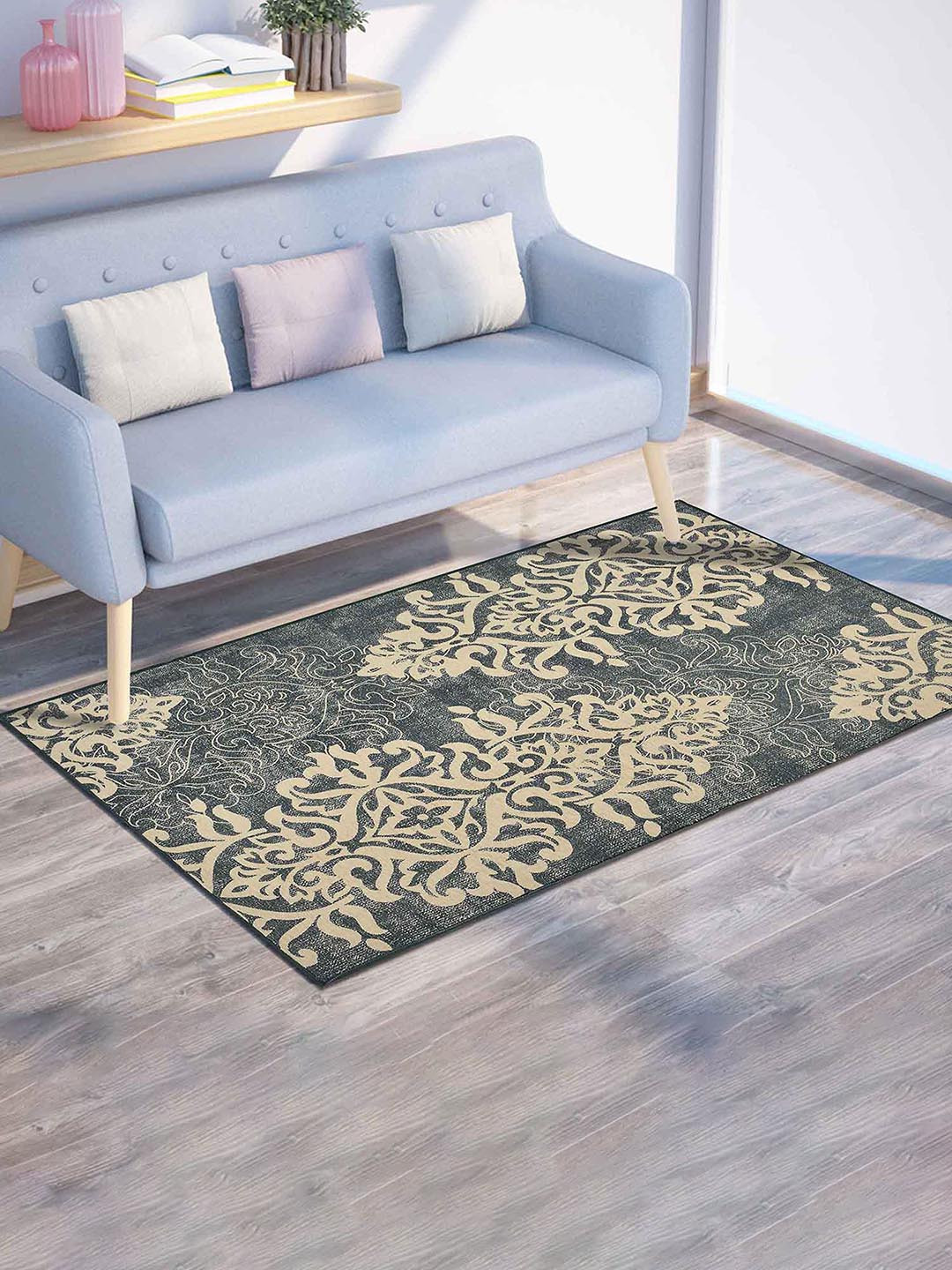 PRESTO Grey & Cream Coloured Ethnic Motifs Printed Anti Skid Carpet
