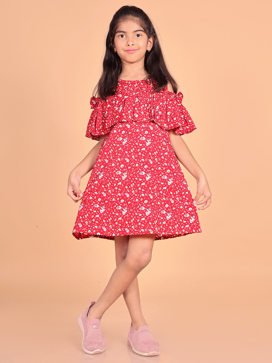 BAESD Girls Floral Printed Cold-Shoulder Sleeves Pure Chiffon Ruffled A-Line Dress