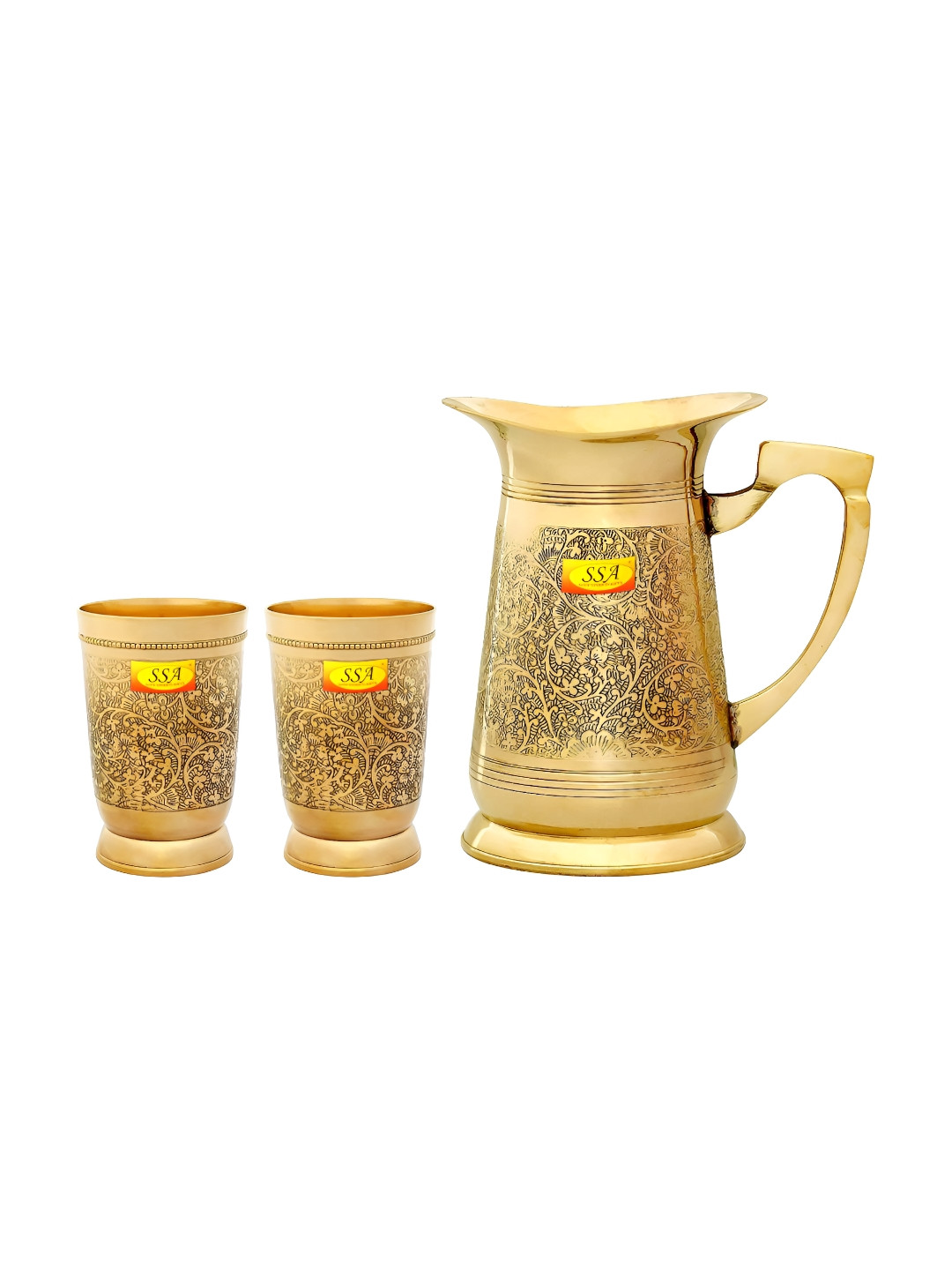 Shivshakti Arts Yellow 3 Pieces Brass Embossed Jug & Glass Set