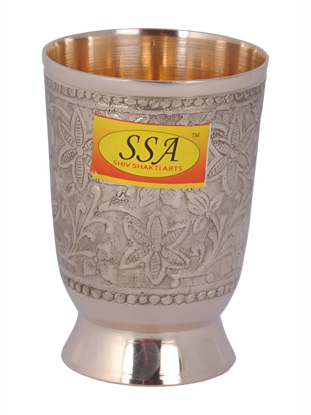 Shivshakti Arts Copper Toned Pure Brass Embossed Flower Design Tumbler 300 ml