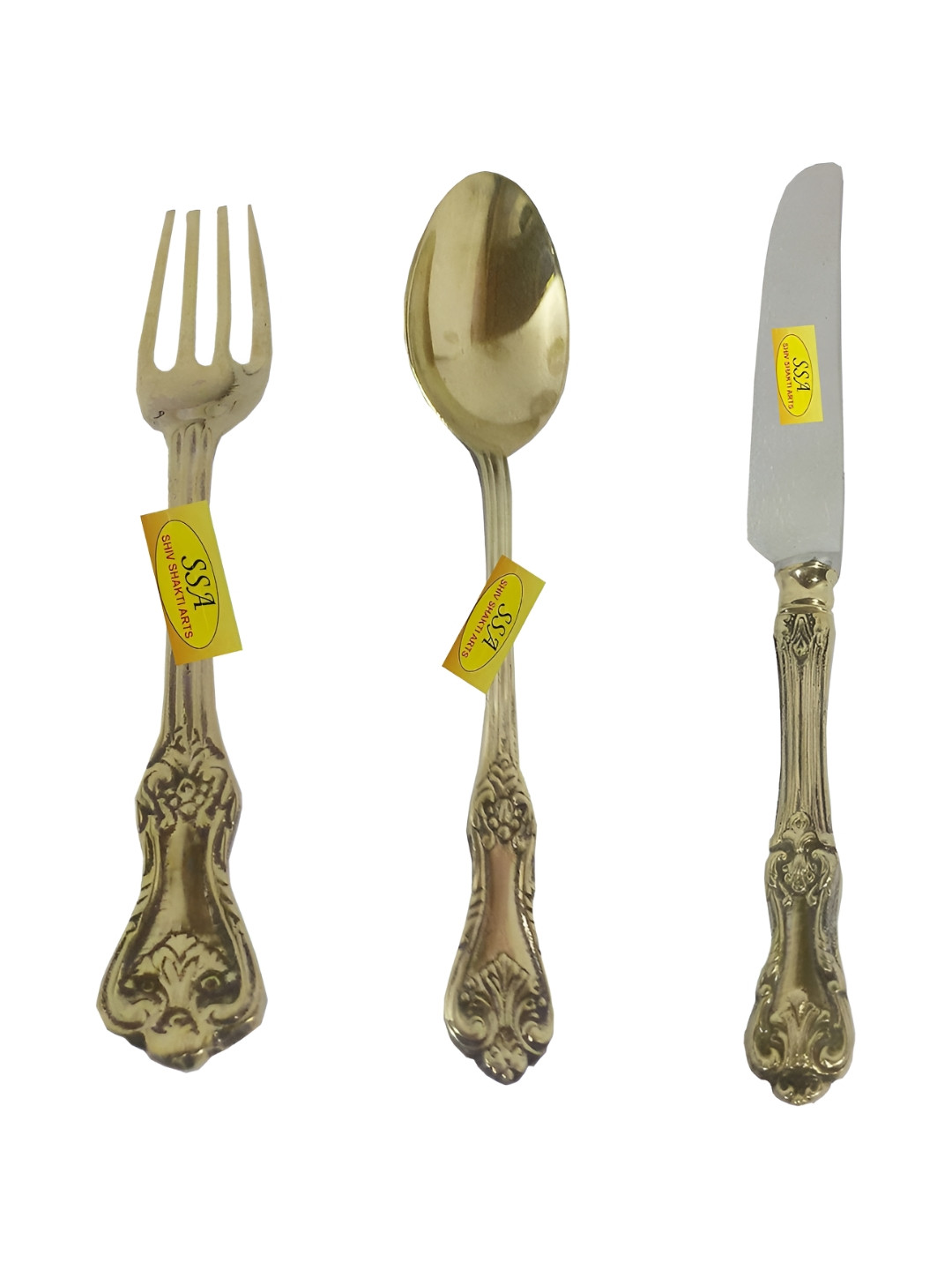 Shivshakti Arts Gold Toned 3 Pieces Textured Brass Mixed Cutlery Set