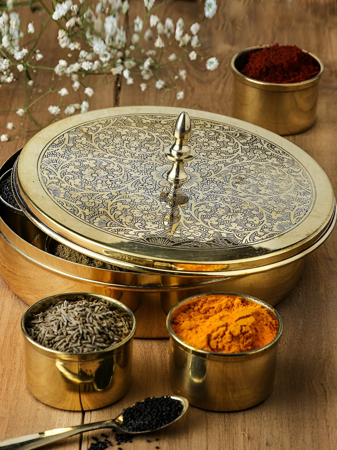 Shivshakti Arts Copper Toned  Brass Spice Box With Spoon