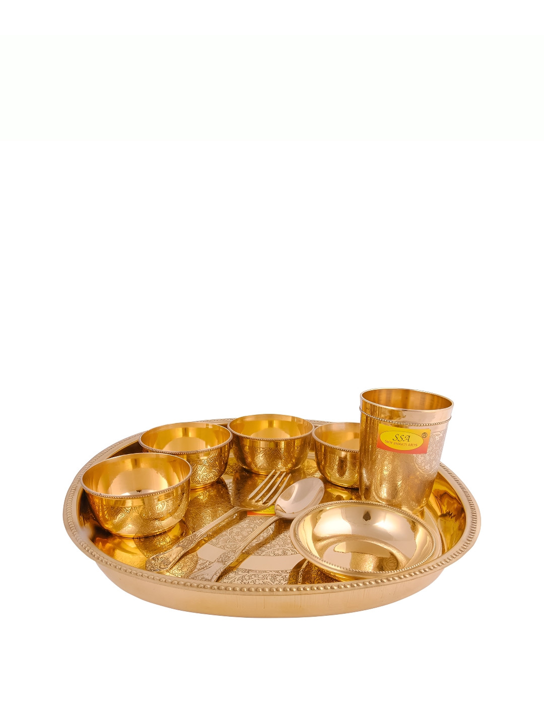 Shivshakti Arts Yellow Floral Brass Easy to Clean 9 Piece Dinner Set