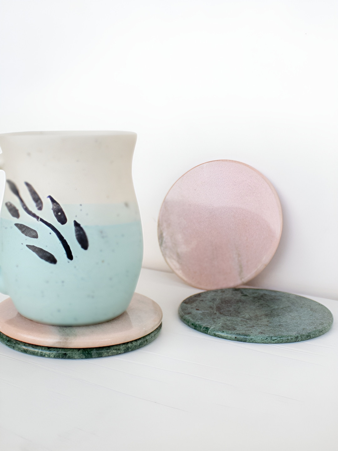 BYORA HOMES Green & Pink 4 Pieces Geometric Marble Coasters