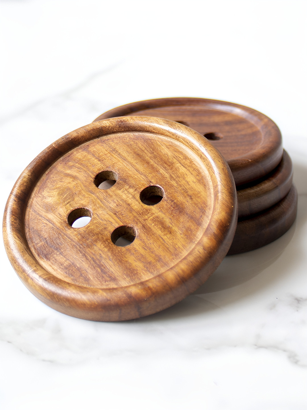 BYORA HOMES Brown 4 Pieces Button Pattern Circle Wooden Coasters