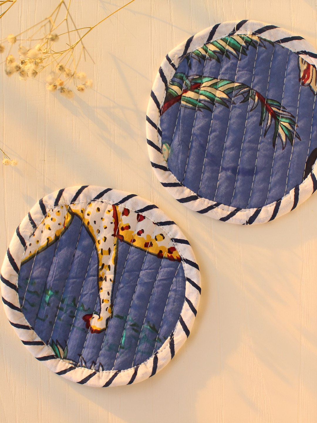 BYORA HOMES Blue & White 2 Pieces Forest Pattern Circle Fabric Coasters