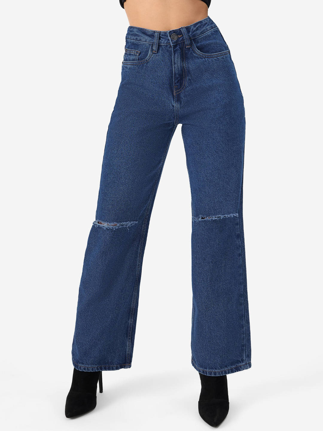 The Souled Store Women Blue Slash Knee Wide Leg Jeans