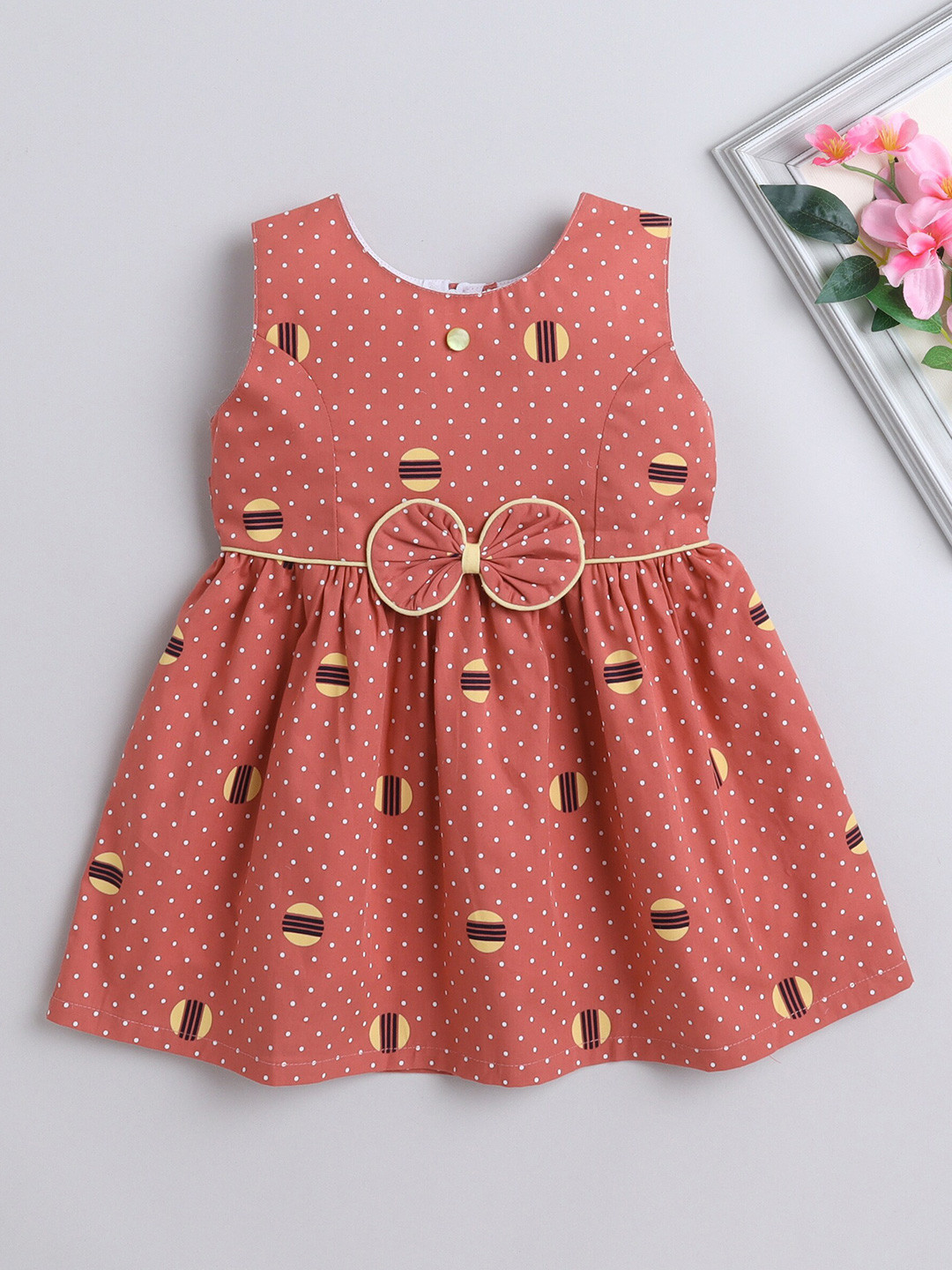 The Magic Wand Girls Polka Dots Printed Sleeveless Bow Detail Cotton Fit & Flare Dress