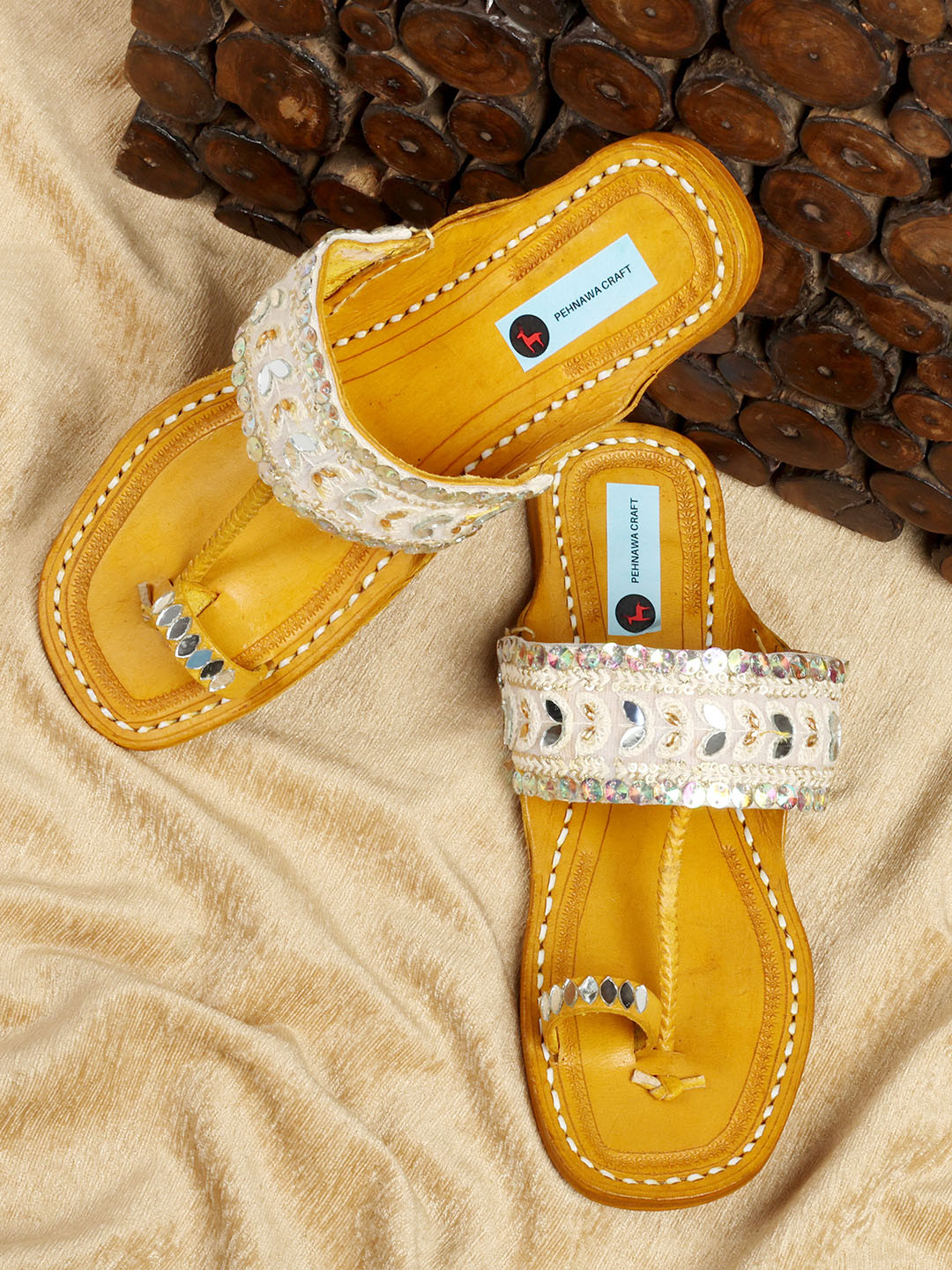PehnawaCraft Embellished Lucknowi Chikankari Leather Ethnic kolhapuri One Toe Flats