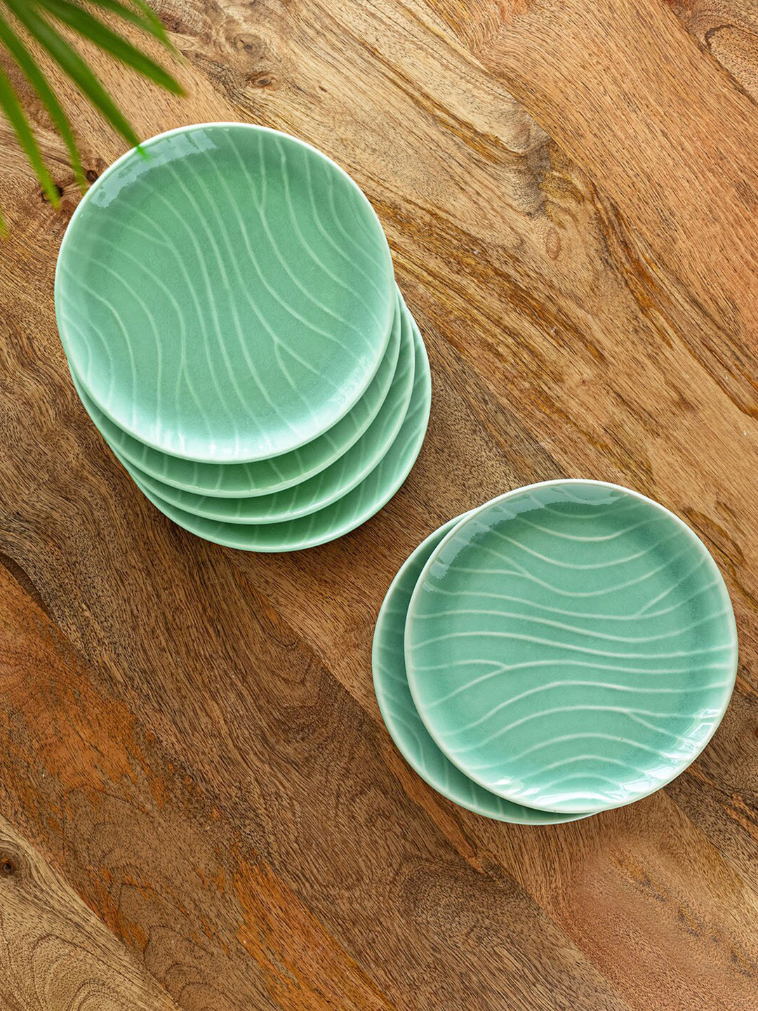 ExclusiveLane Carribean Green 6 Pieces Handcrafted Ceramic Glossy Quarter Plates