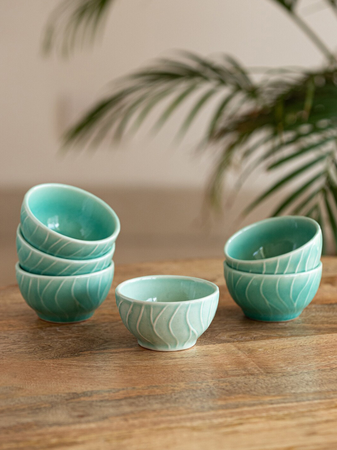 ExclusiveLane Caribbean Green 6 Pieces Ceramic Glossy Dinner Bowls 120 ML Each