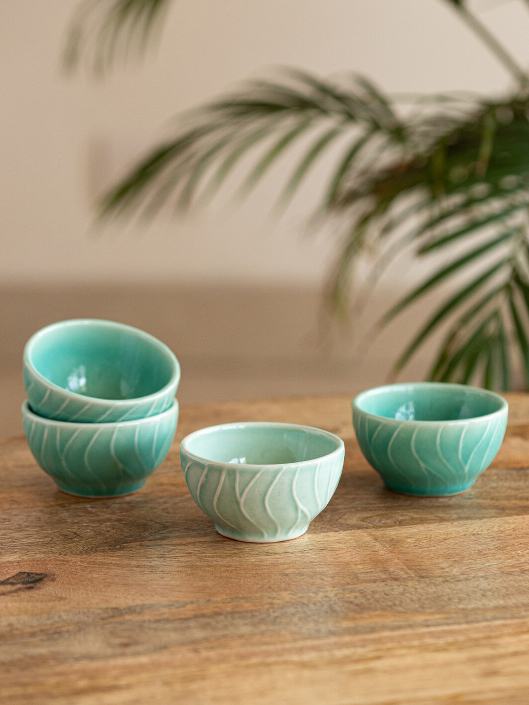 ExclusiveLane Caribbean Green 4 Pieces Ceramic Glossy Dinner Bowls 120 Ml Each