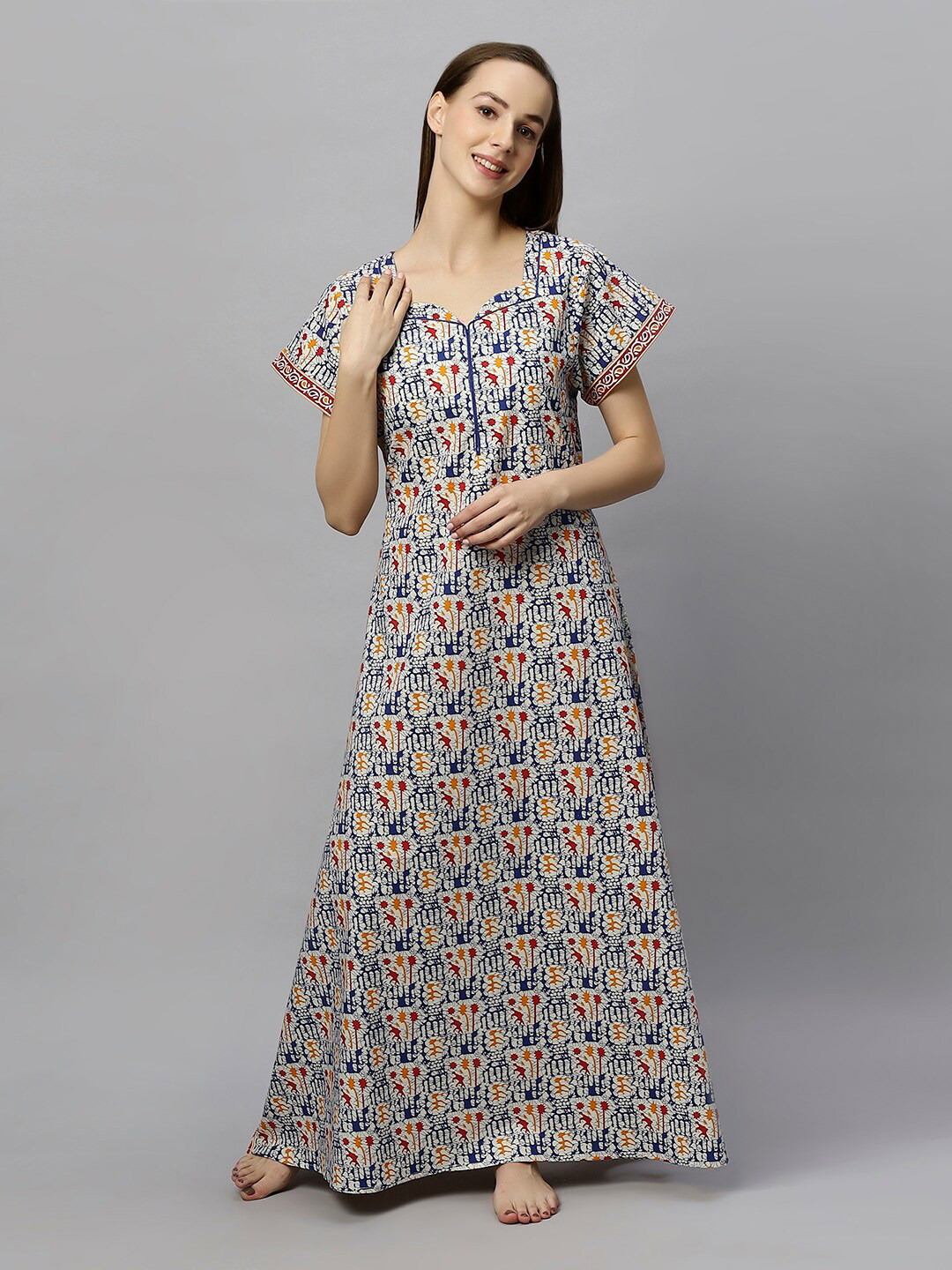 ETC Blue Floral Printed Pure Cotton Maxi Nightdress