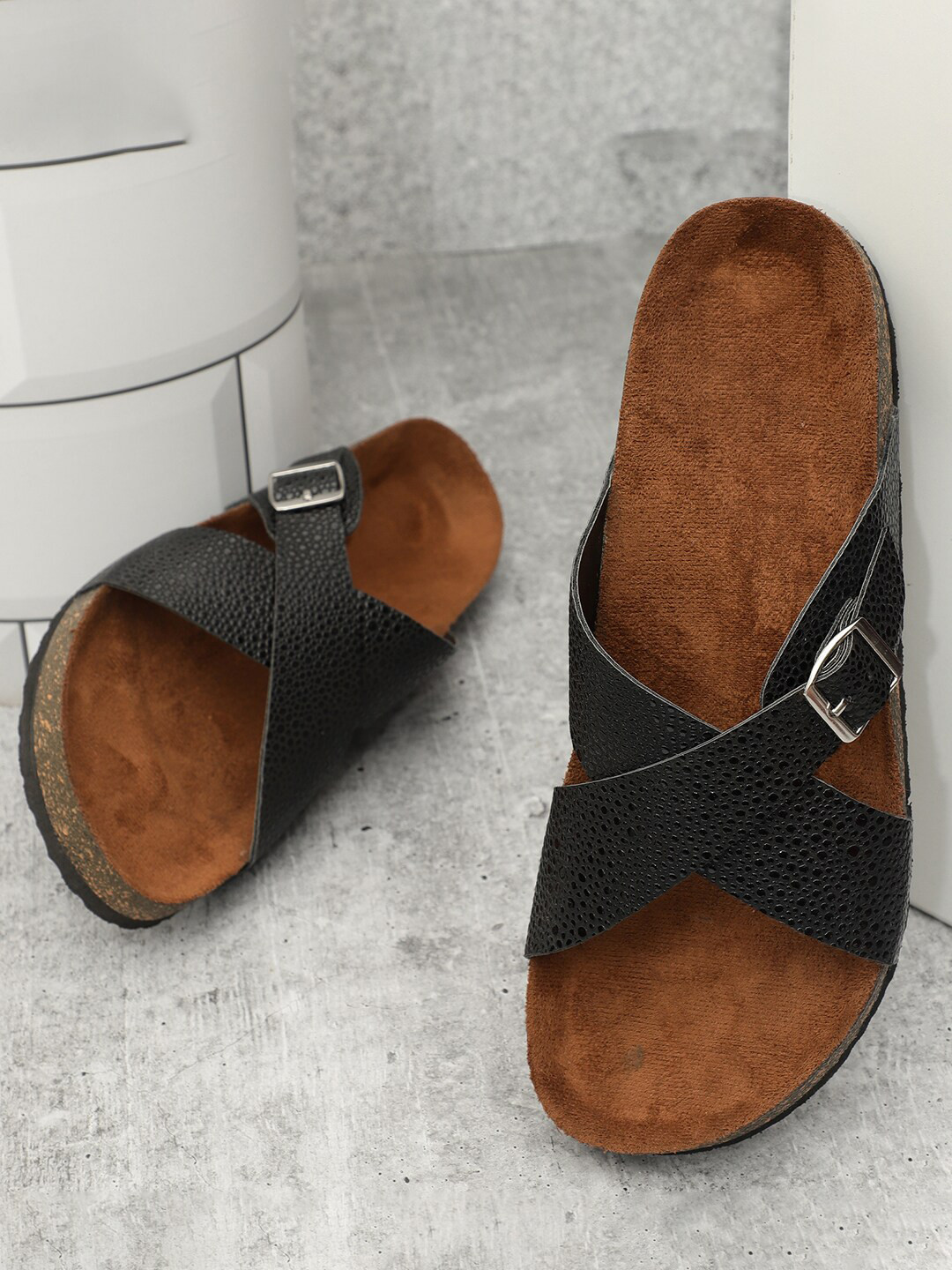MOZAFIA Textured Strappy Buckle Detailed Open Toe Flats