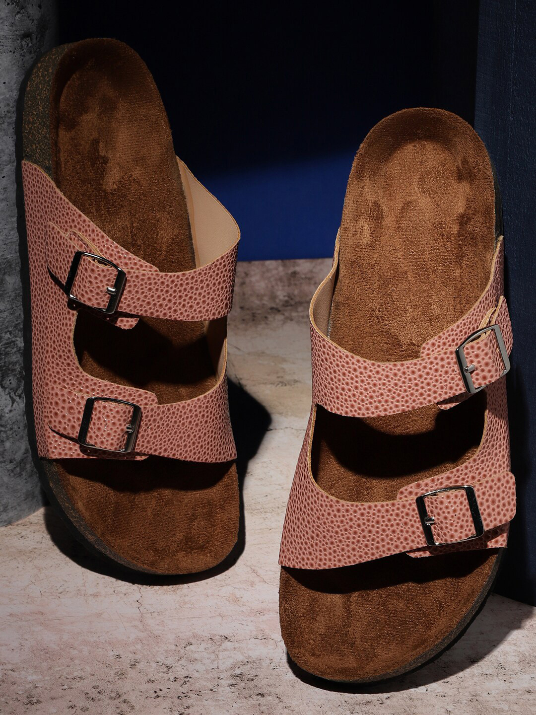 MOZAFIA  Textured Two Strap Open Toe Flats With Buckle Detail