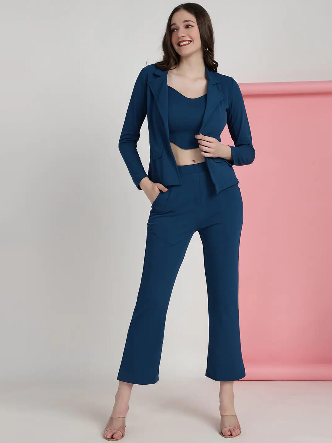 Selvia Sleeveless Crop Top With Trousers & Jacket Co-Ords