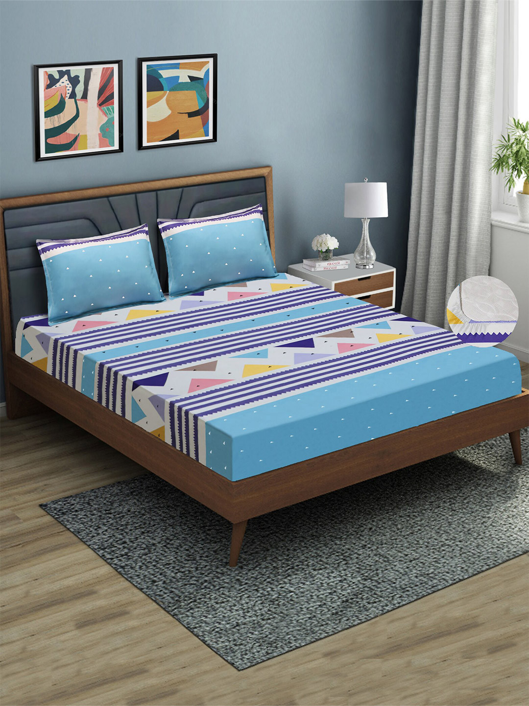 Aura Blue Geometric Microfiber 144 TC Fitted Queen Bedsheet with 2 Pillow Covers-198 x 178 cm