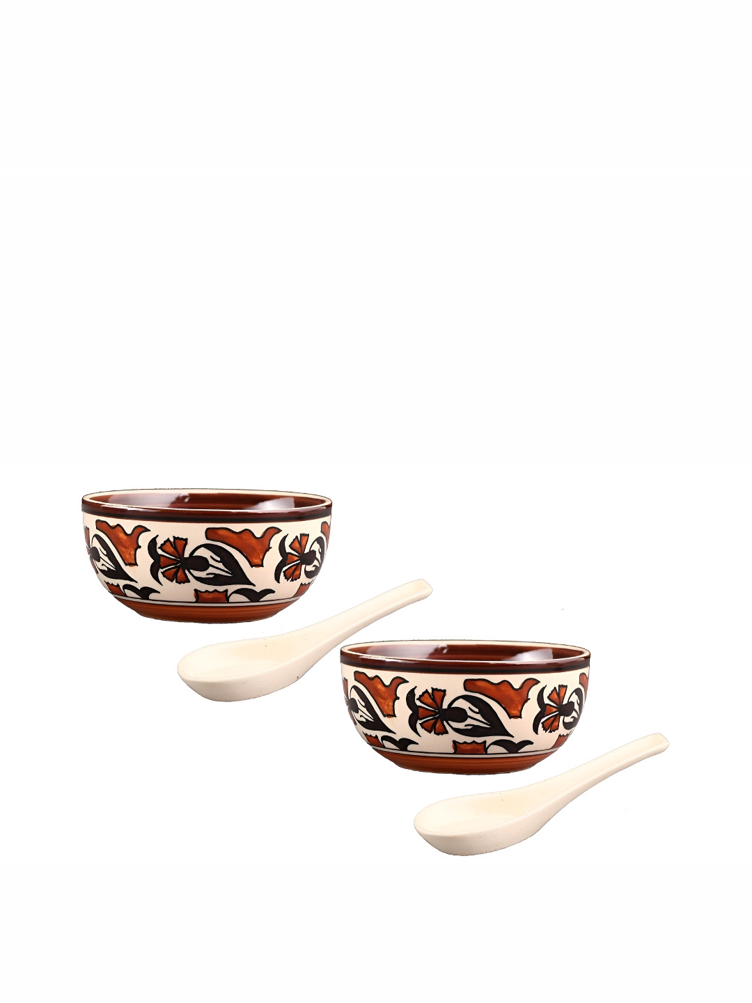 caffeine Brown & Cream 2 Pieces Printed Ceramic Soup Bowl with Spoon