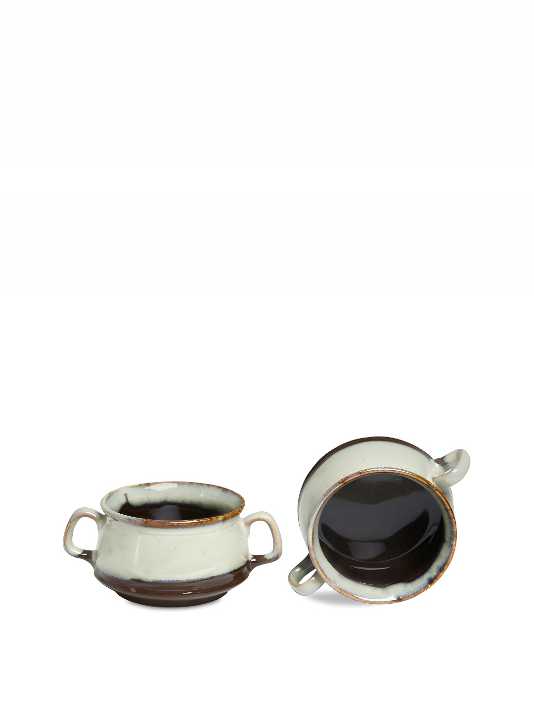caffeine Brown & Off White 2 Pieces Ceramic Soup Bowls with Spoon