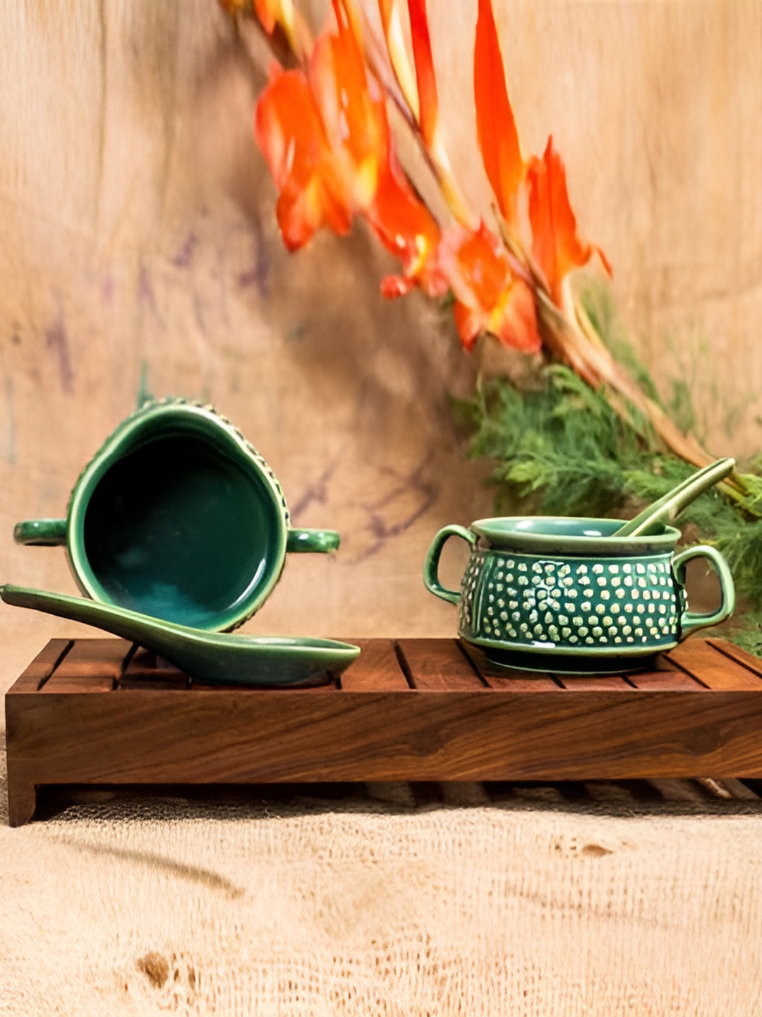 caffeine Green 2 Pieces Textured Ceramic Soup Bowl with Spoon