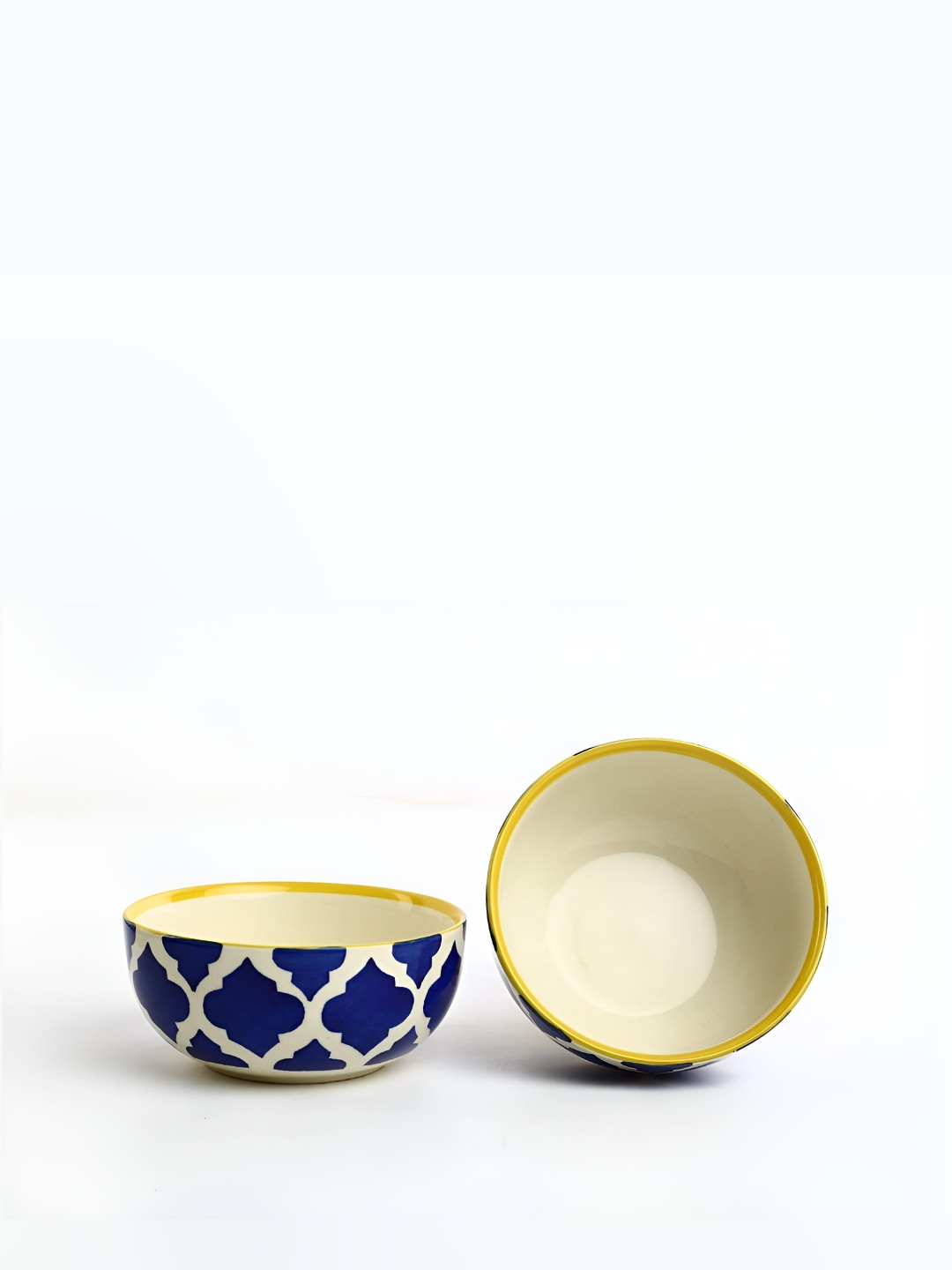 caffeine White & Blue 2 Pieces Geometric Ceramic Soup Bowl with Spoon -