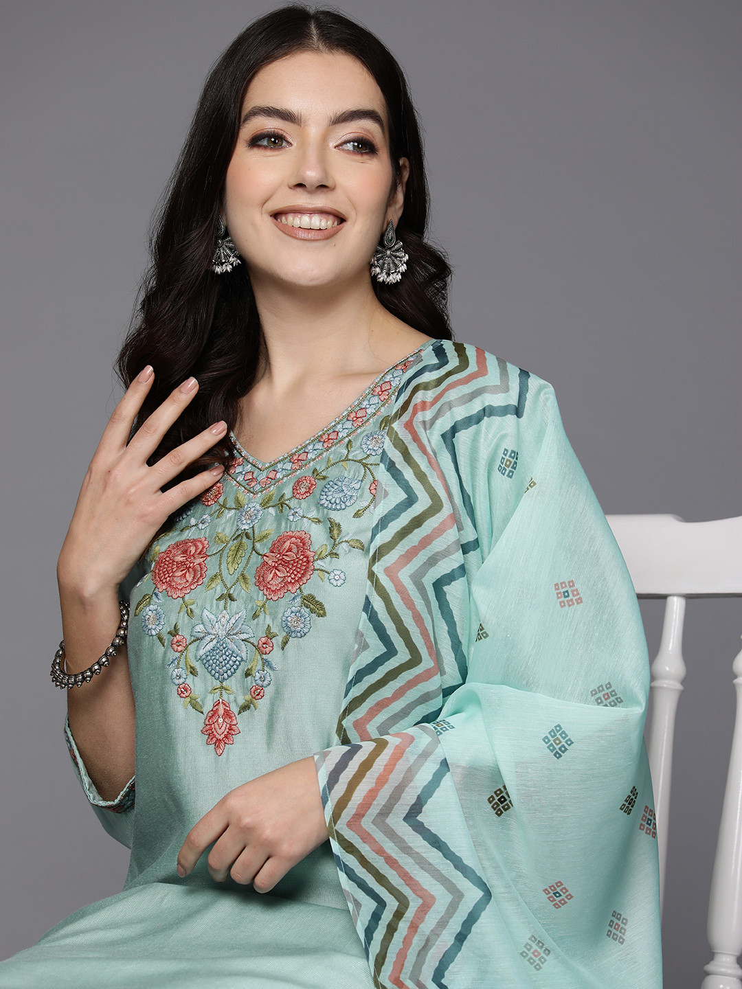 Indo Era Women Floral Yoke Design Regular Liva Kurta with Trousers & Dupatta