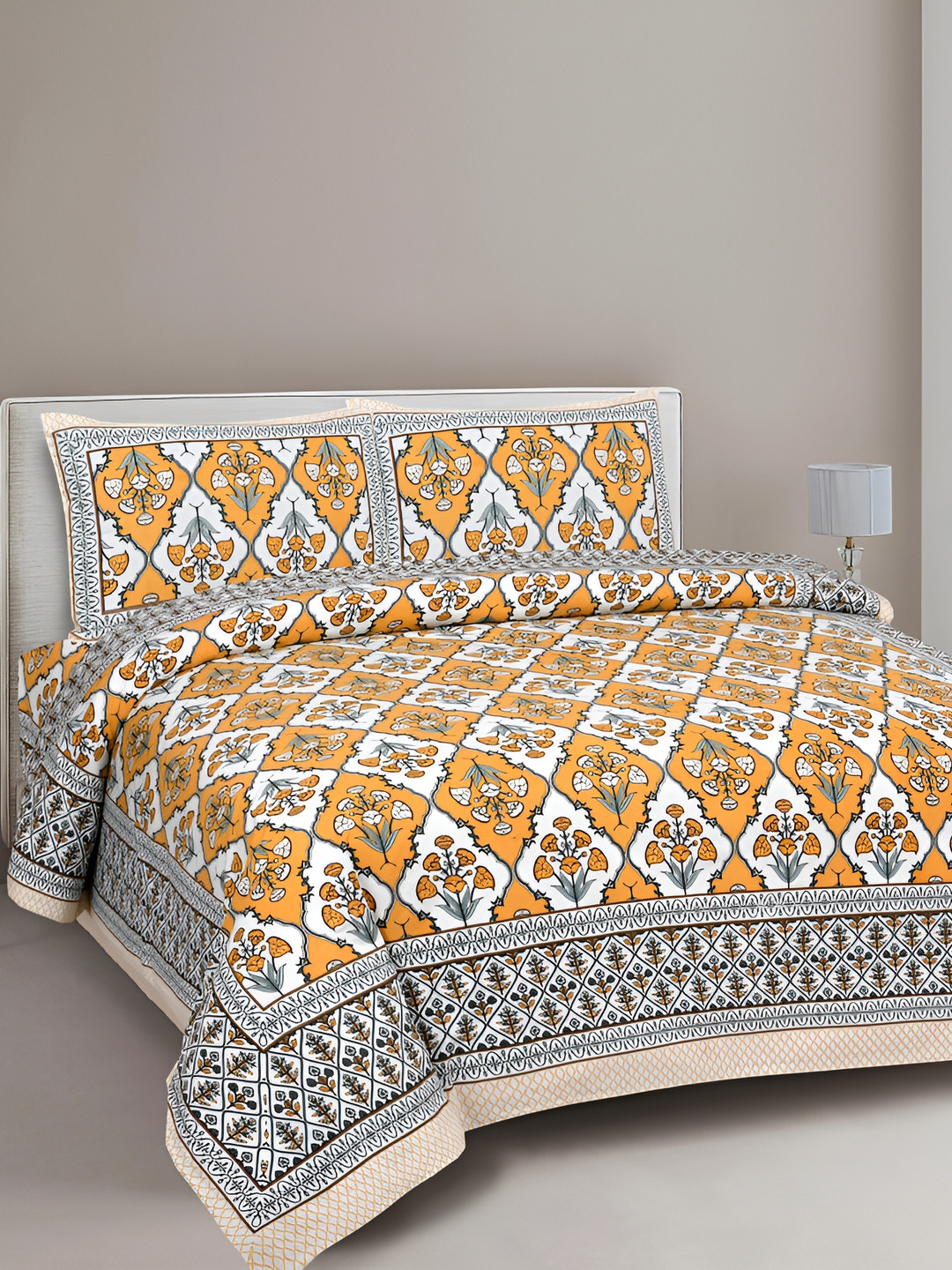 Texstylers Jaipuri Yellow Floral Cotton 144 TC Queen Bedsheet with 2 Pillow Covers-95 x 85 inches