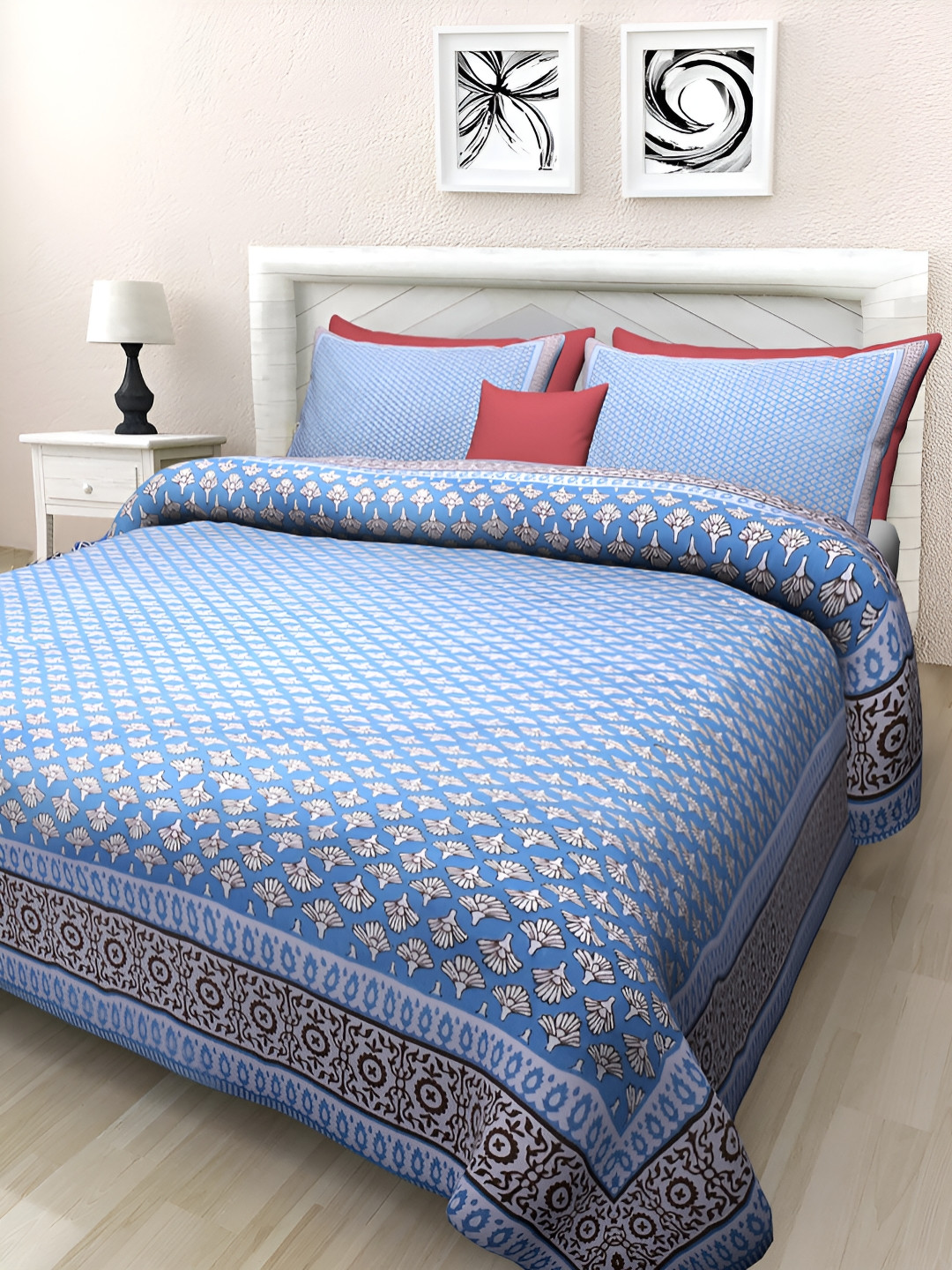Texstylers Firozi Jaipuri Blue Floral Cotton 144 TC Queen Bedsheet with 2 Pillow Covers-95 x 85 inches
