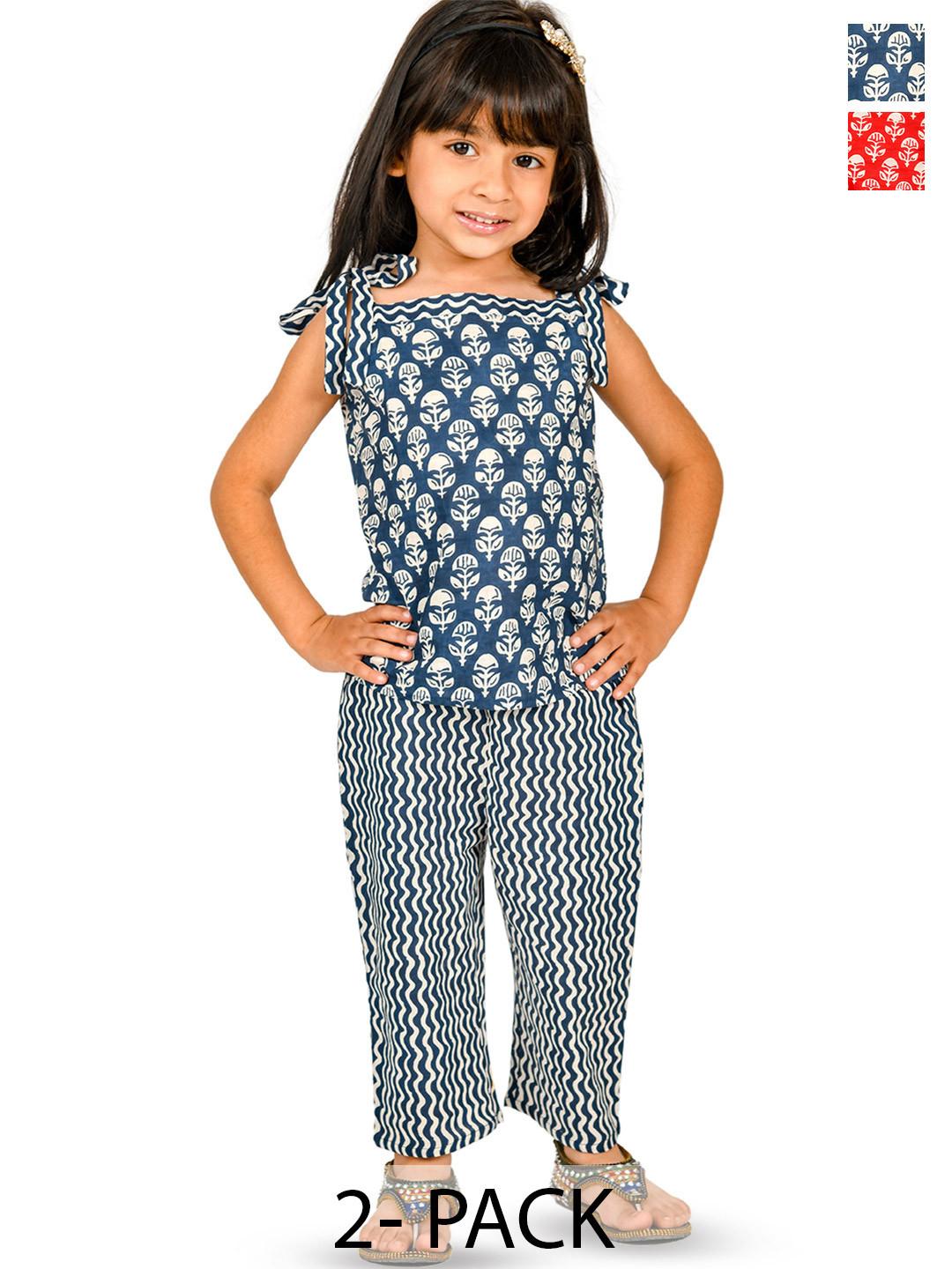 Tiny Bunnies Girls Pack Of 2 Printed Shoulder Strap Pure Cotton Top With Trousers