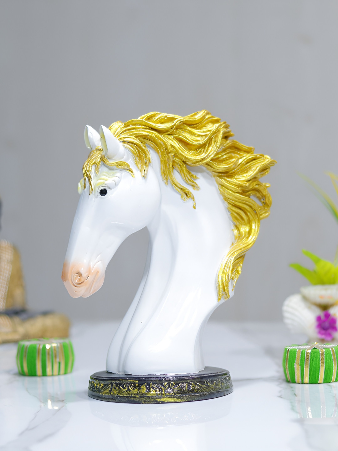 GW CREATIONS Running Horse White Polyresin Natural Living Room Hand-Crafted Medium Showpiece - 9.1 Inches